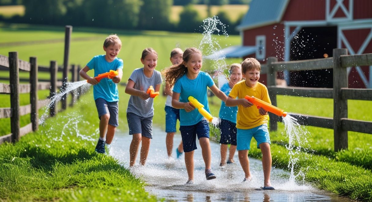 Sjove aktiviteter på bondegården med vandpistoler til børn